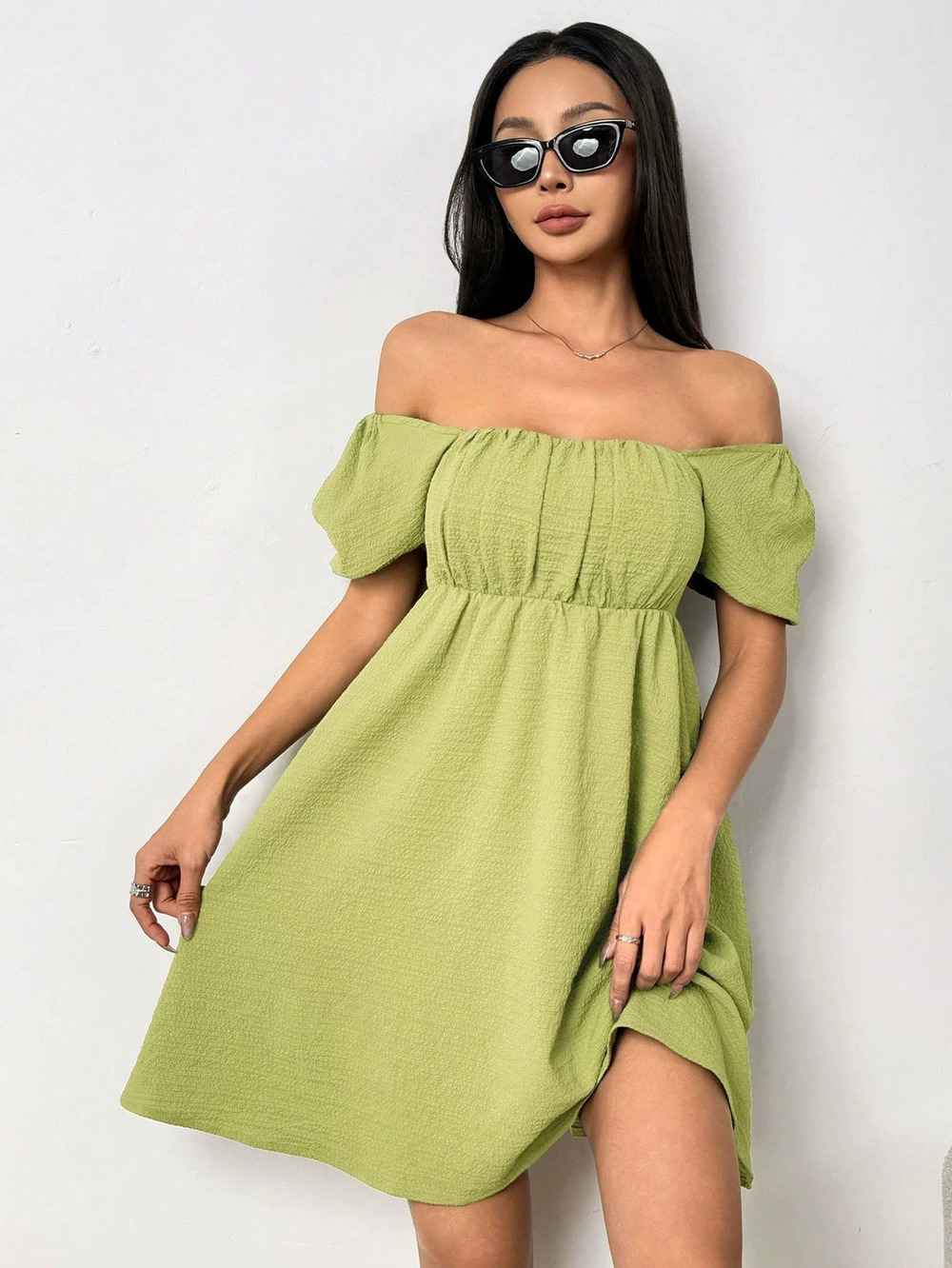 ZARA Sexy Chic Summer Square Neck Bubble Short Sleeve Waist Cinching Mini Dress